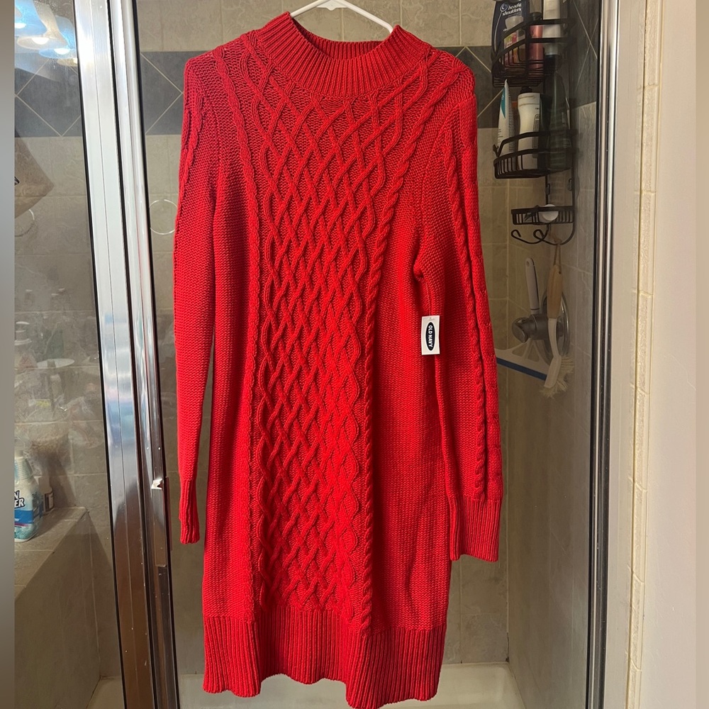 Red cable knit sweater dress